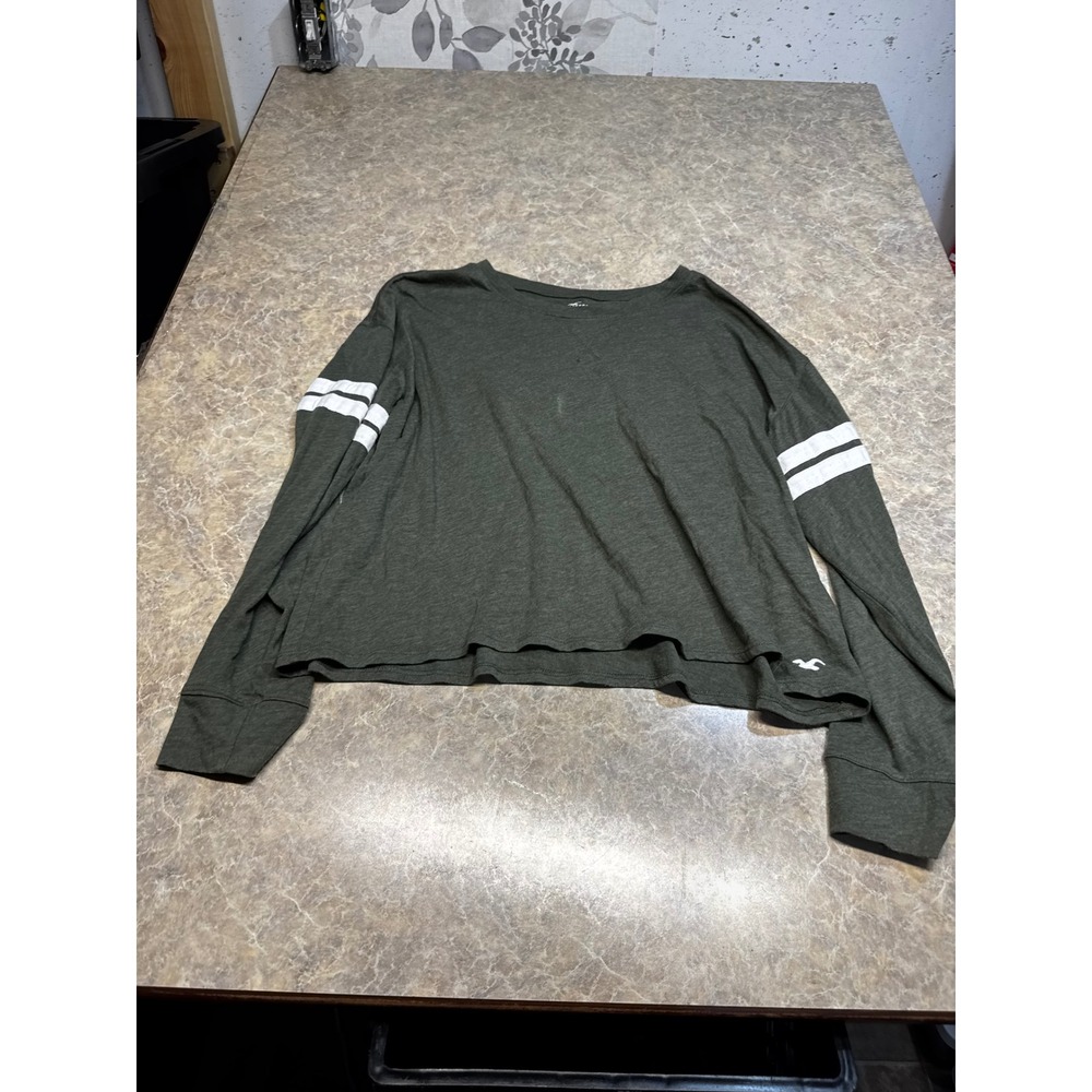 Hollister Womens Long Sleeve T-Shirt Olive Green Varsity Stripe Logo Small